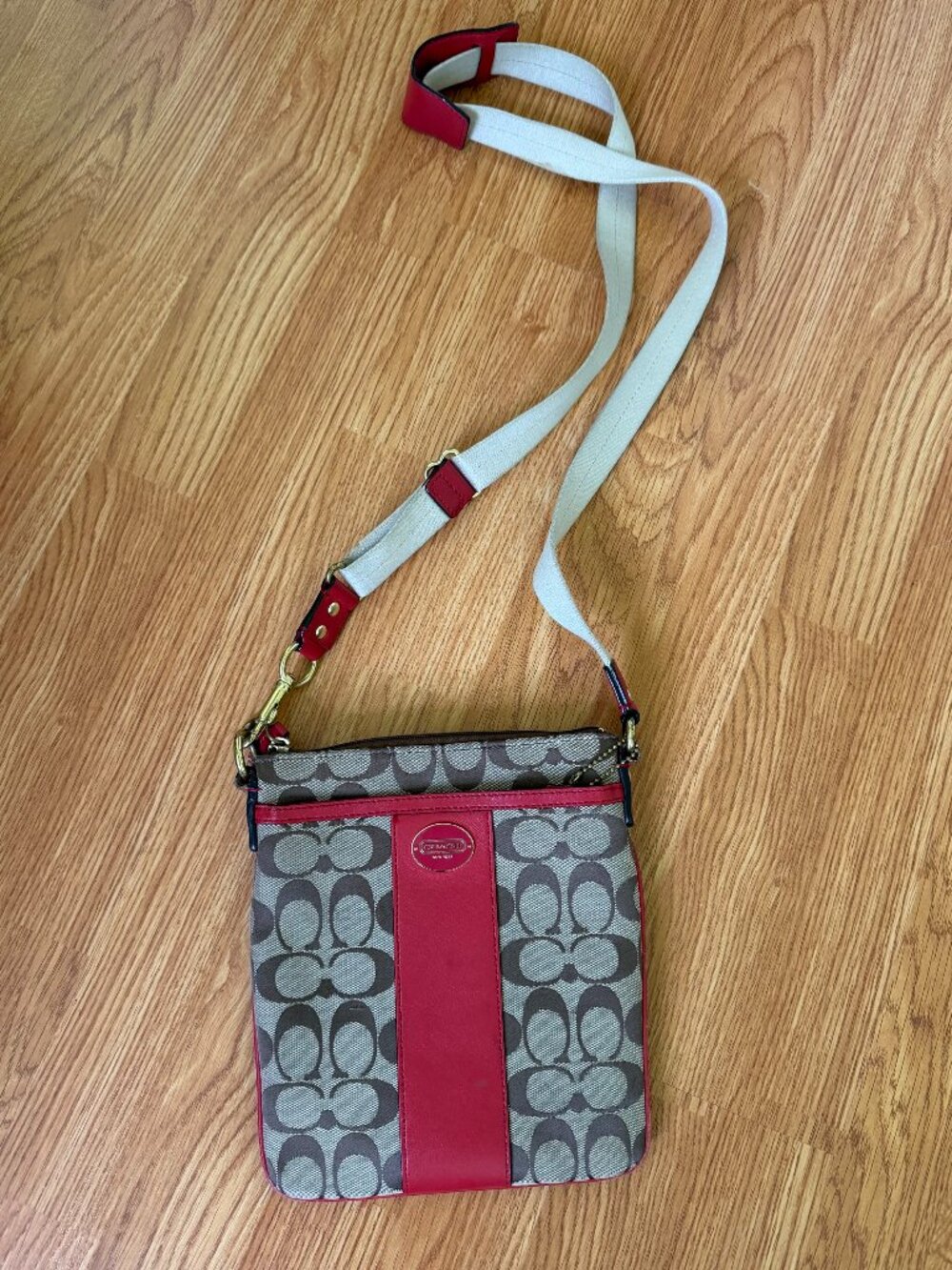Coach: Classic Logo Red Leather and Canvas Cross Body Bag